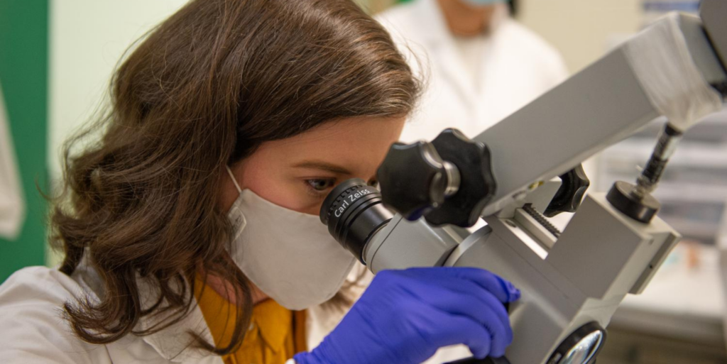 Image shows a life science team working in a lab. Up close, a young woman with brown hair is looking through a microscope, while another team member is blurred in the background.