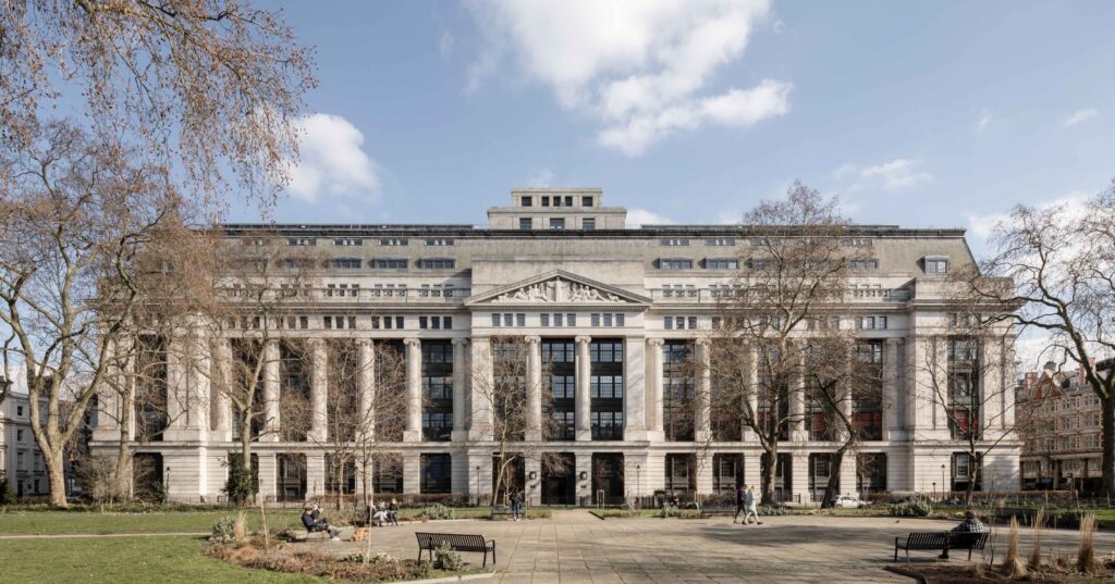 Life sciences real estate: an exterior shot of Victoria House, London - a grade II listed, neoclassical building.