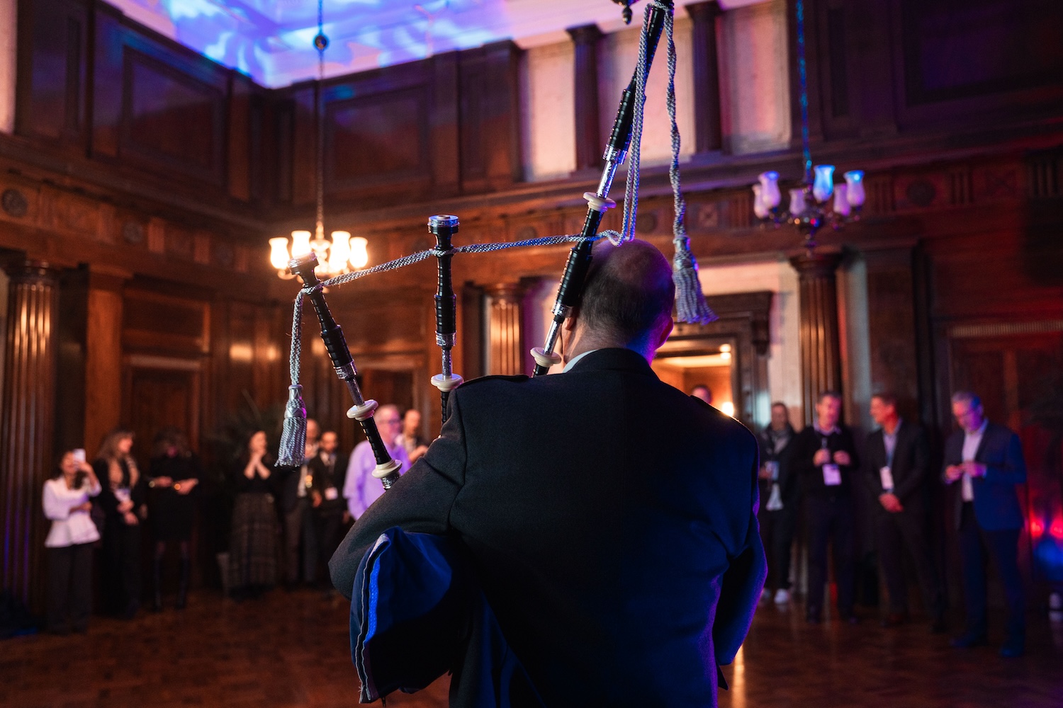 A man plays the bagpipes at a traditional Scottish Ceilidh, which took place at Victoria House during London Life Sciences Week.  