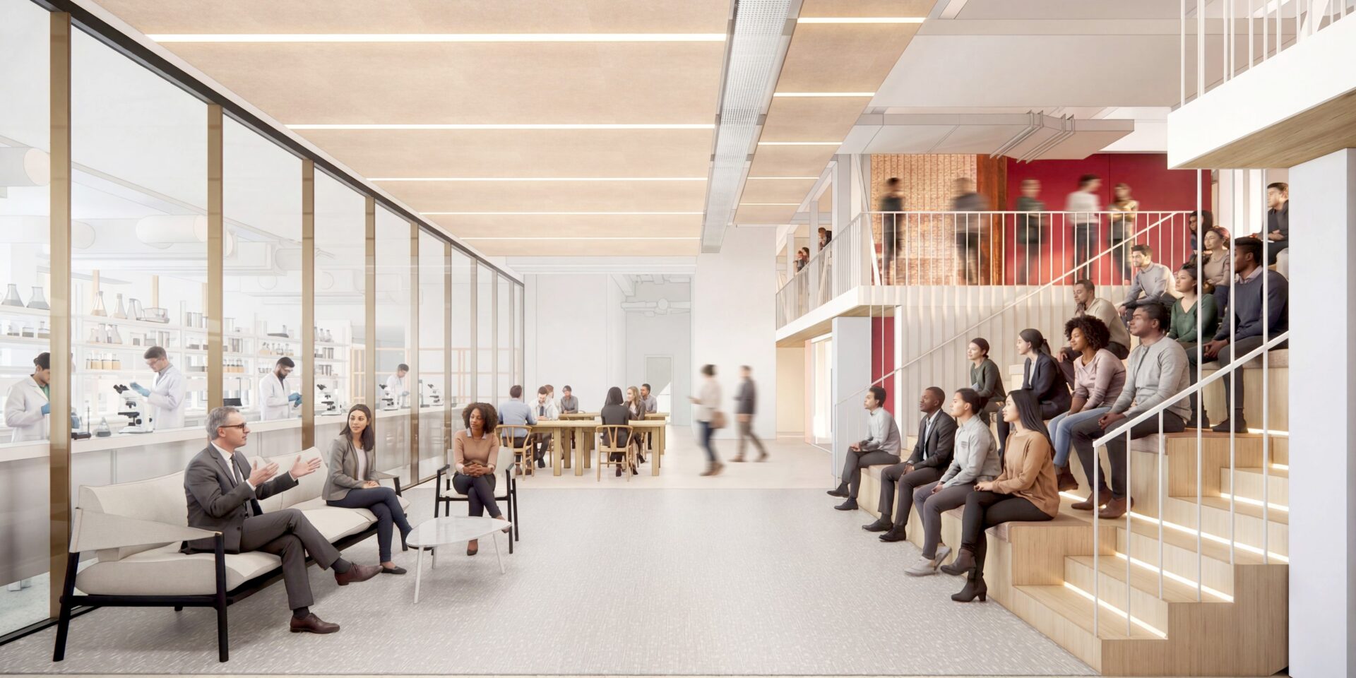 Scientists, entrepreneurs, academics and researchers seated in a theatre-style auditorium, listening to a presentation inside Oxford's Innovation Building.