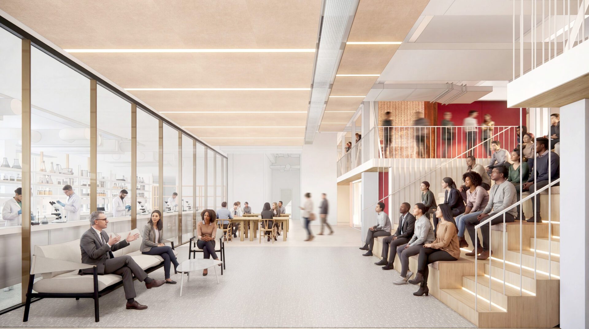 Scientists, entrepreneurs, academics and researchers seated in a theatre-style auditorium, listening to a presentation inside Oxford's Innovation Building.