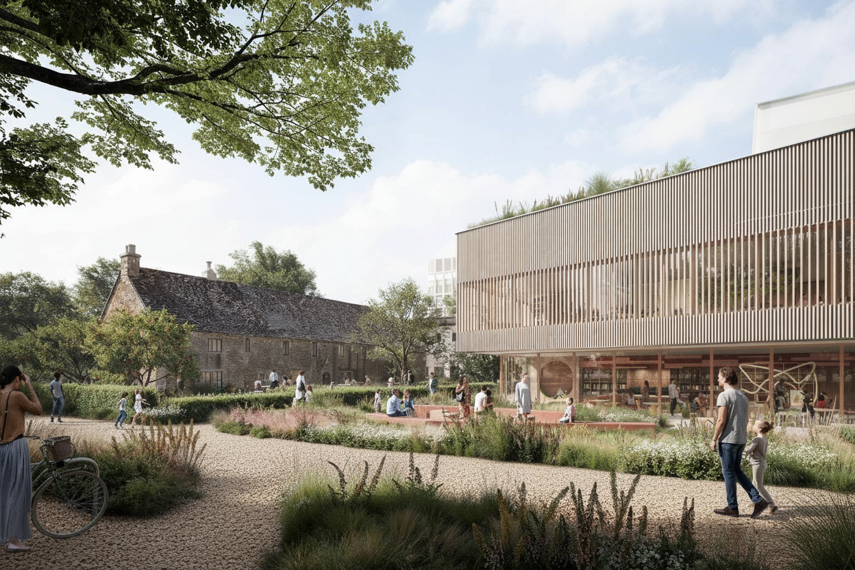 Minchery Farmhouse and New Development CGI showing the restored Minchery Farmhouse alongside a new building and landscaped public space at Ozone Oxford